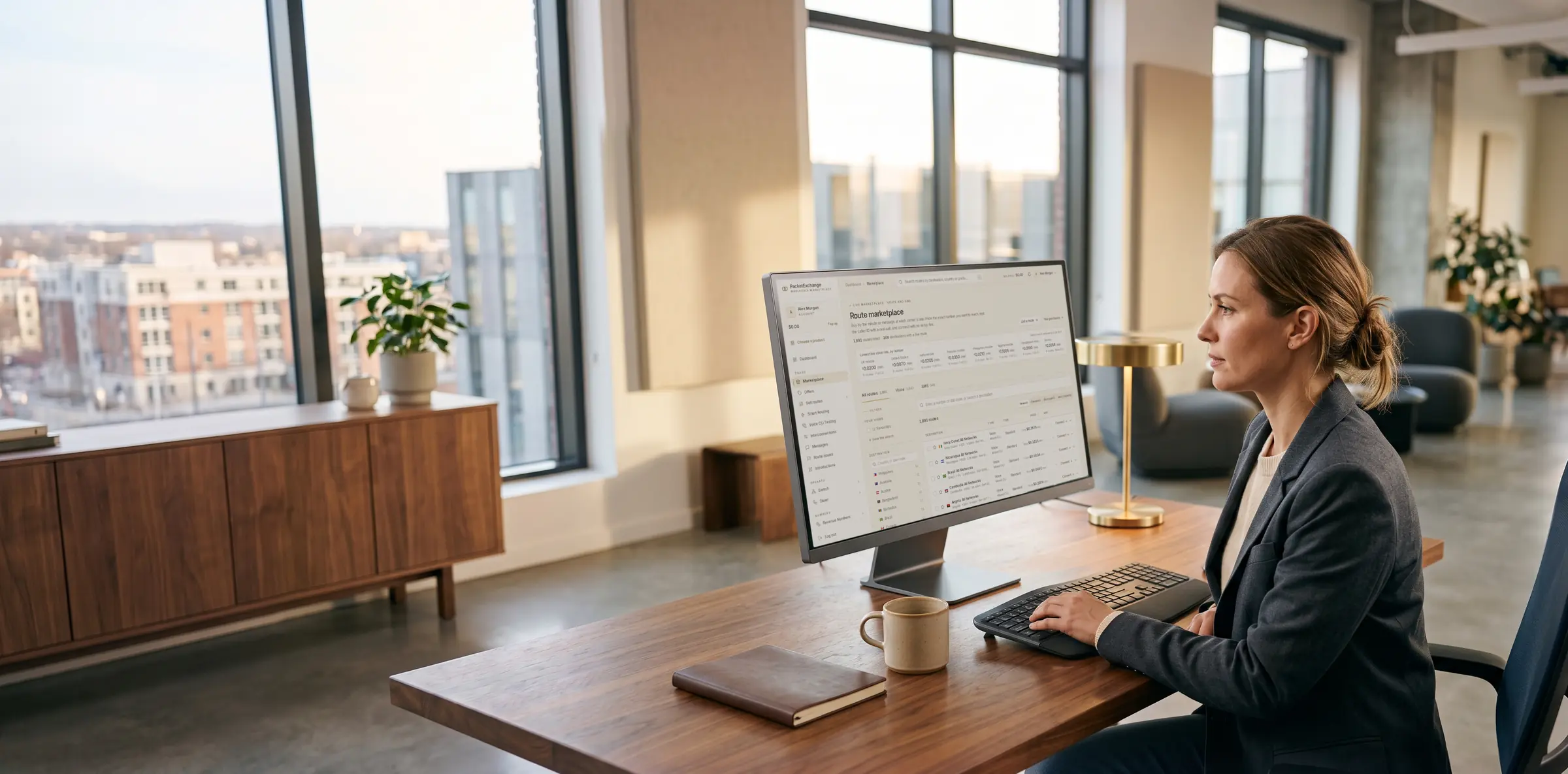 A route trader at a walnut desk comparing seller offers on the PacketExchange marketplace