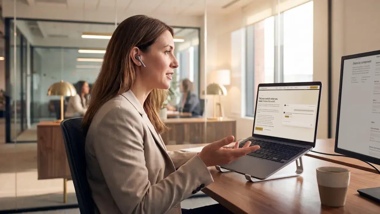 An operator asking AI Control about her switch in plain English, the answer on the laptop beside her