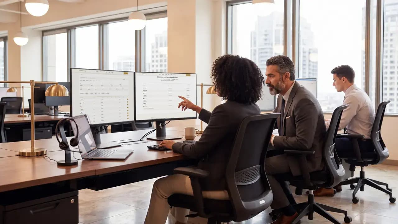 Two traders comparing routes on the PacketExchange marketplace across two monitors