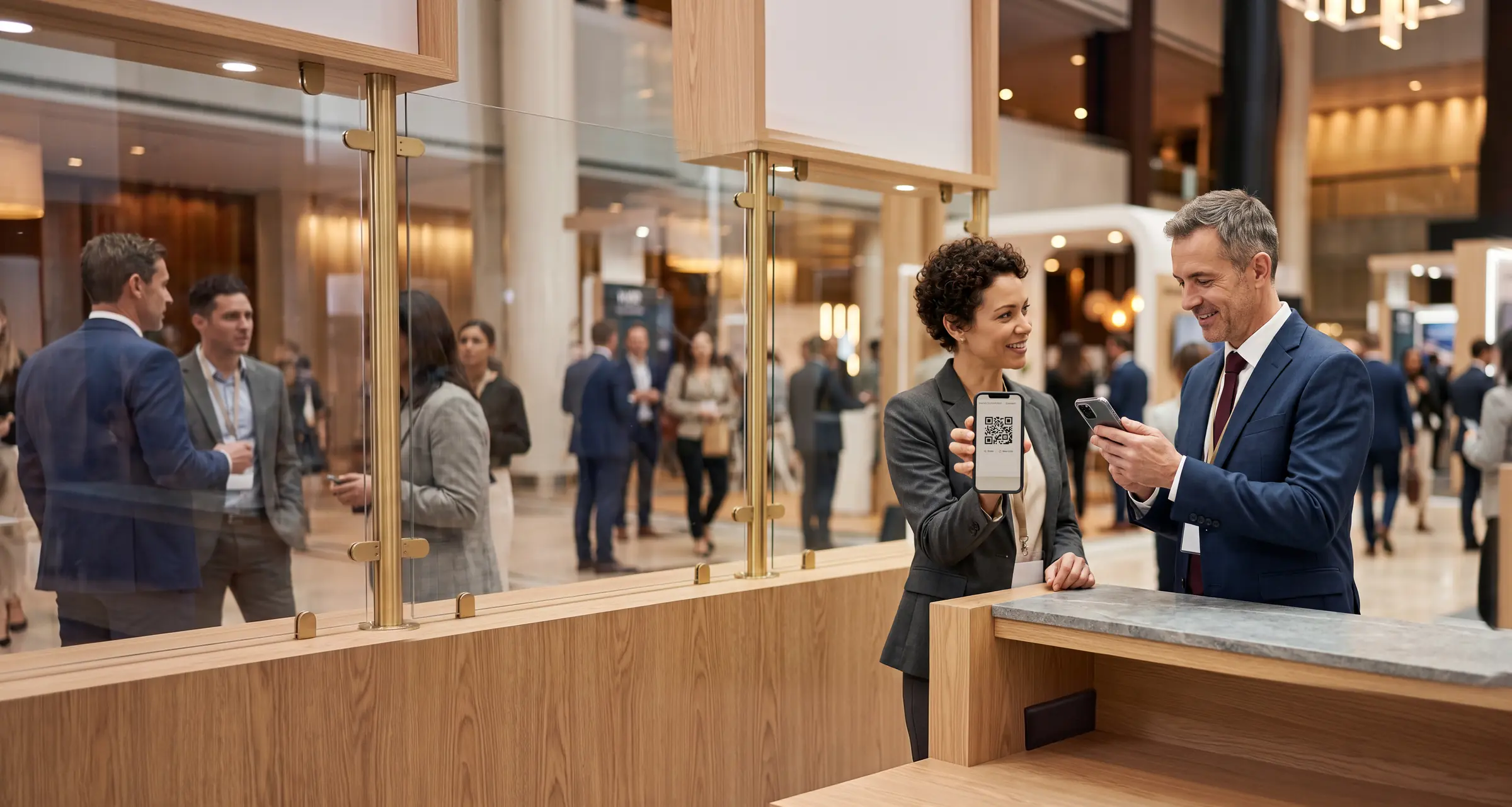 Two carrier executives on a conference floor connecting by scanning a code on a phone