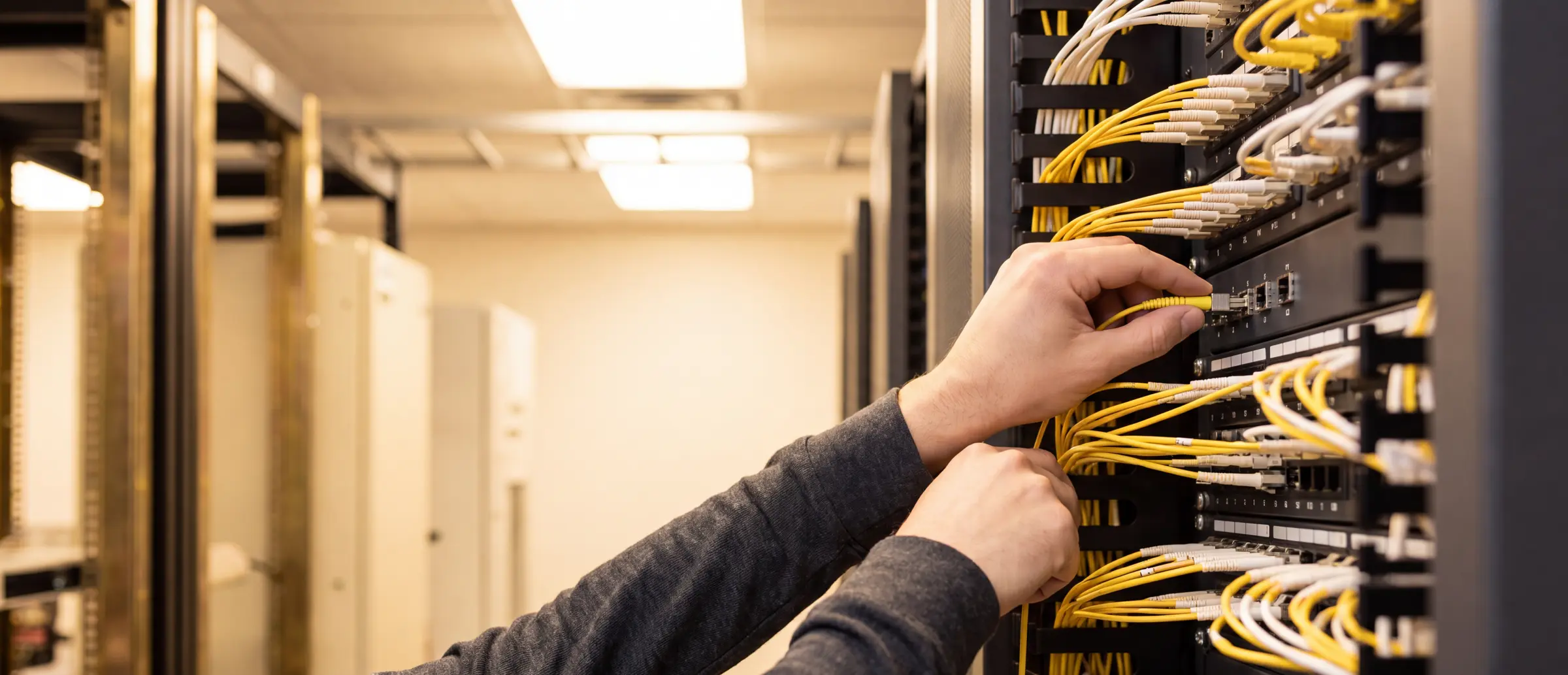 An engineer's hands plugging a yellow fibre patch cord into a panel in a carrier data hall