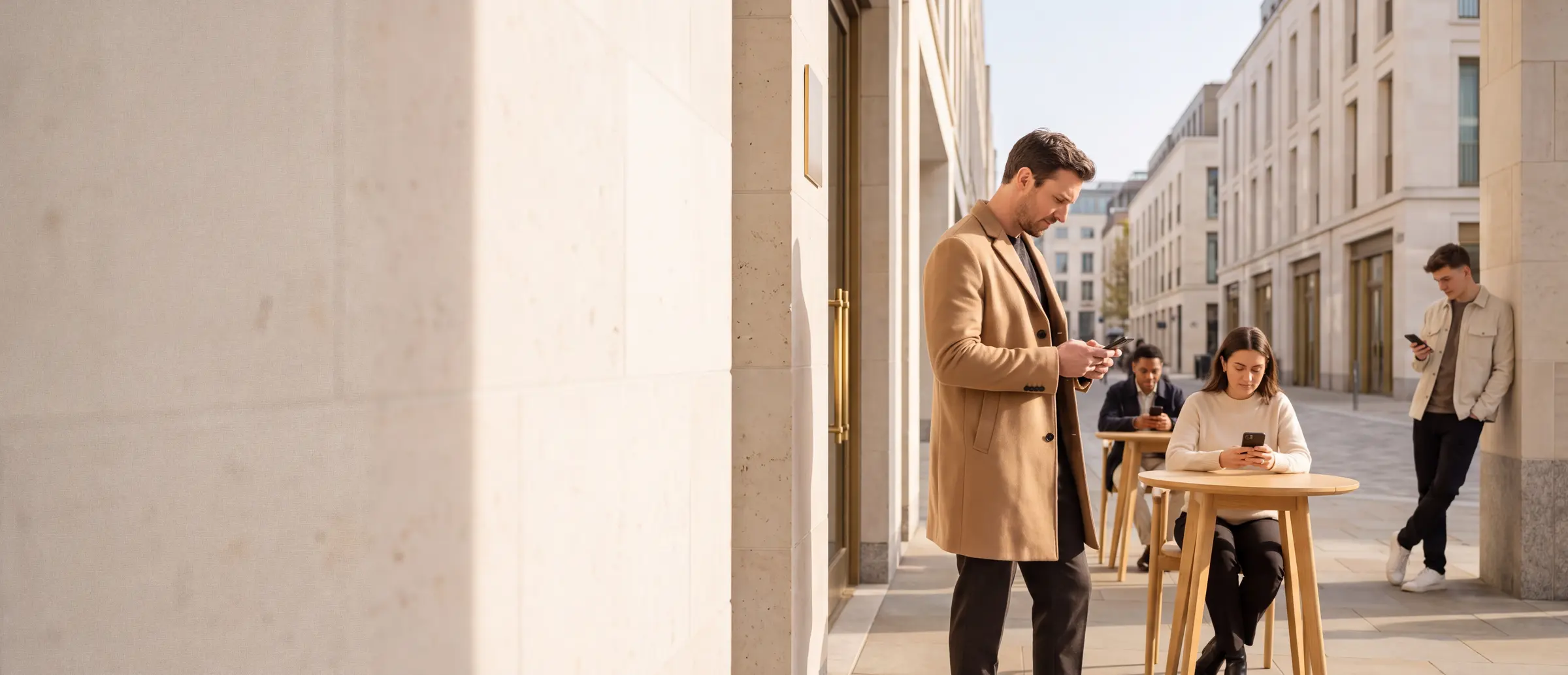 Several people on a sunlit limestone street, each looking down at the phone in their hand