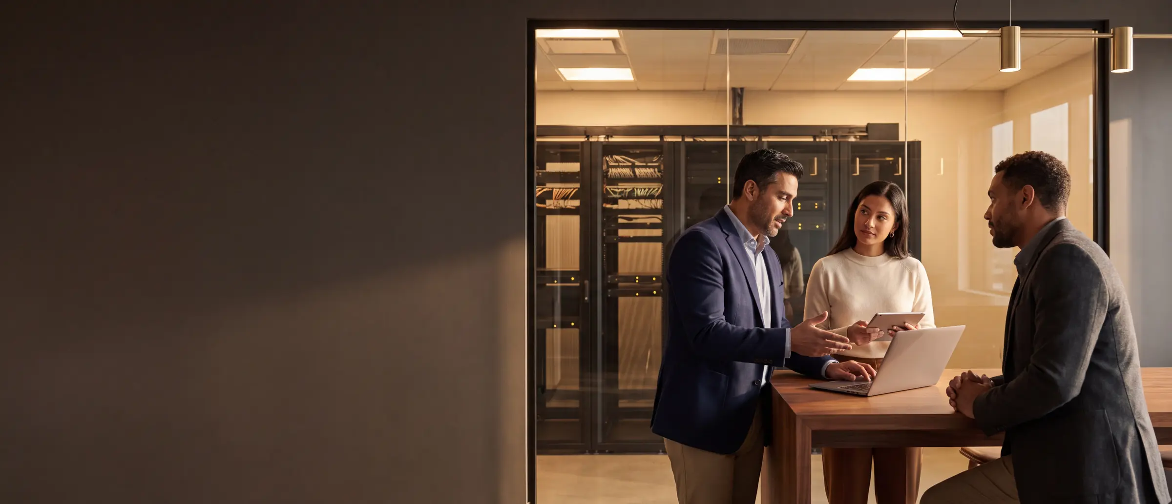 Three colleagues talking over a laptop and tablet at a walnut table, carrier equipment racks behind glass
