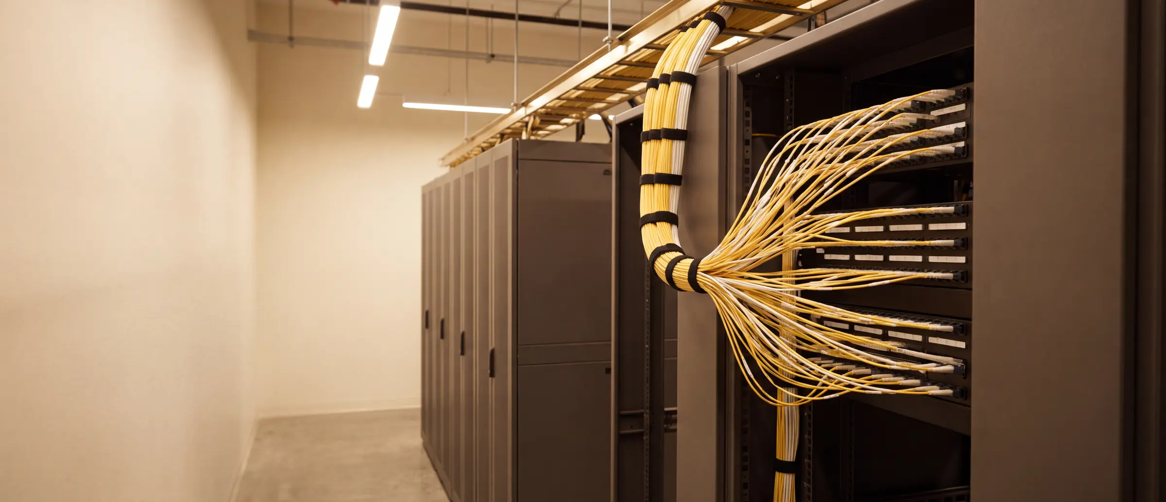 Dozens of fibre patch cords from several panels gathered into one strapped bundle in a data hall