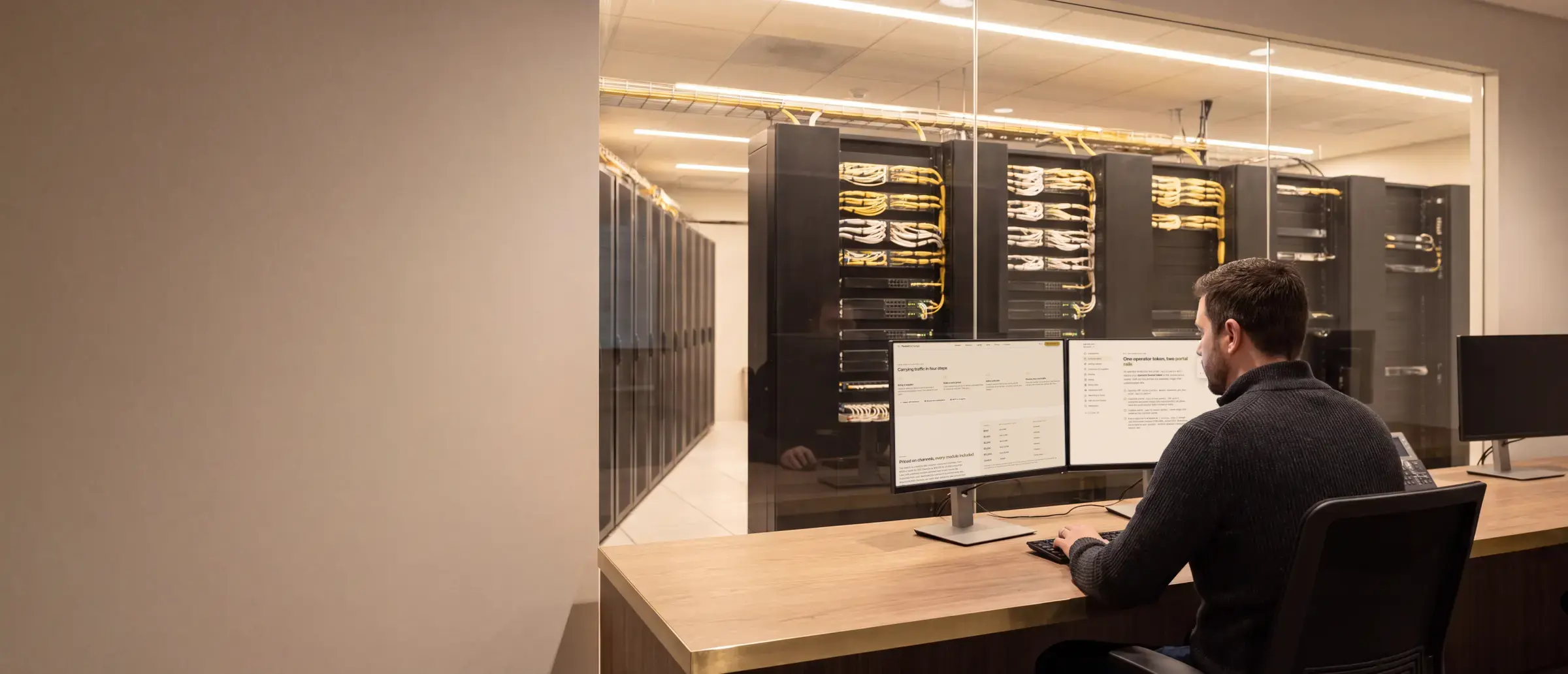 A network engineer at a console looking through a glass wall into a hall of carrier switching racks