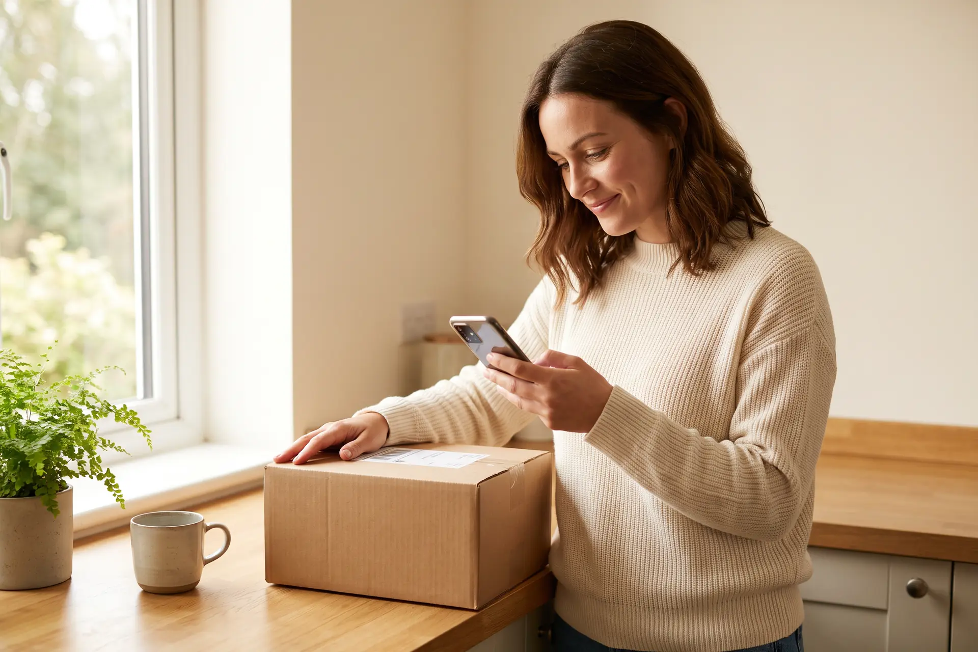 A woman at her kitchen counter with a just-delivered parcel, reading the delivery text on her phone
