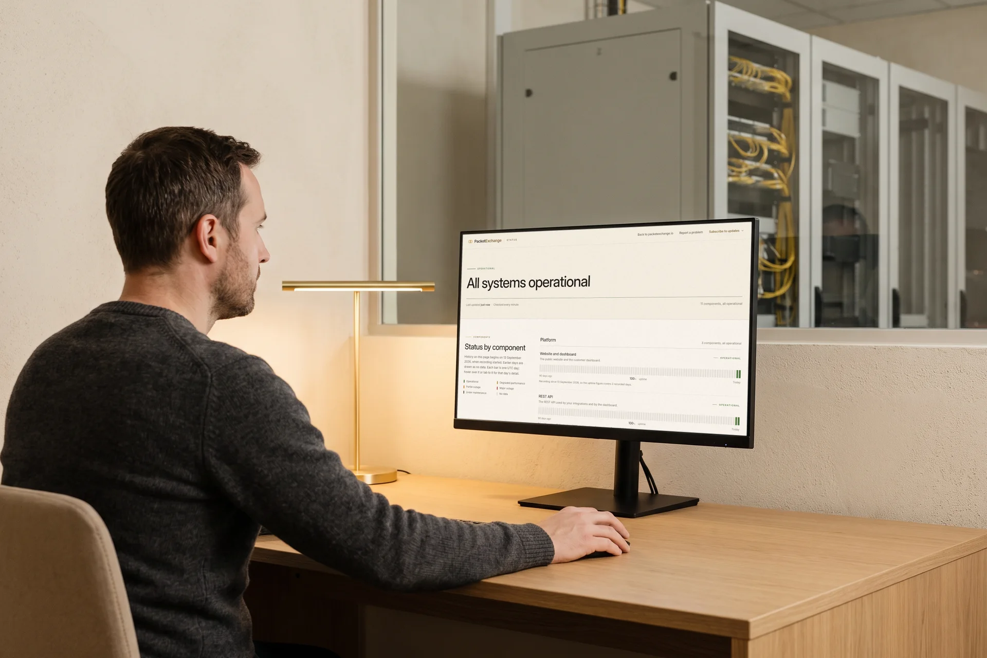 An operations engineer at his desk reading the PacketExchange status page, all systems operational, with equipment racks behind a glass wall