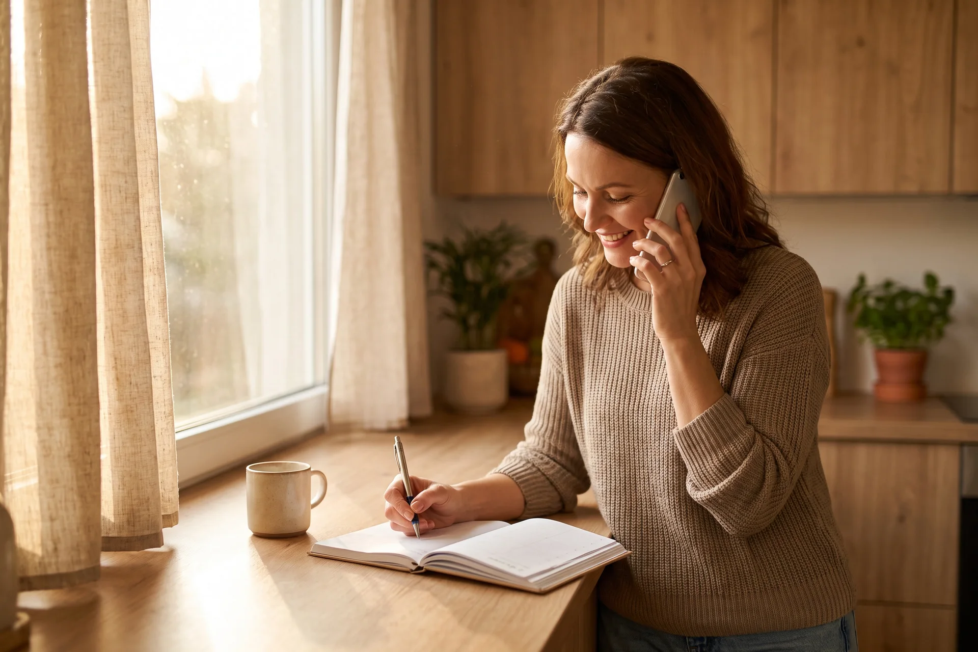 A woman in her kitchen on a phone call, smiling as she writes an appointment into her diary