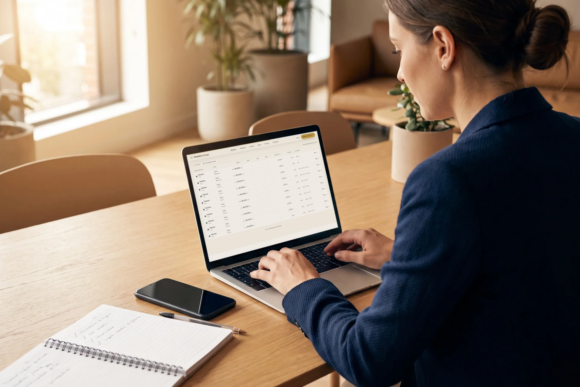 An operations lead at a laptop reviewing a PacketExchange route list