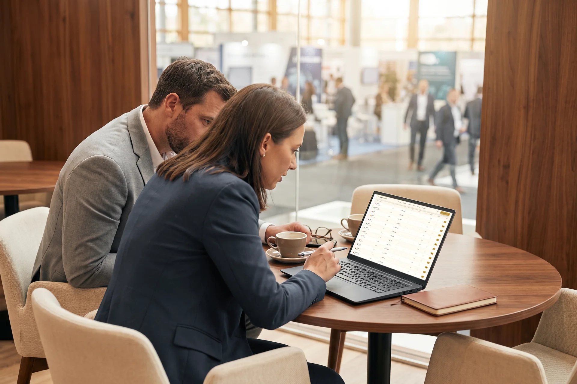 Two commercial managers at a conference lounge table reading live routes on the PacketExchange marketplace on a laptop, the exhibition hall behind them