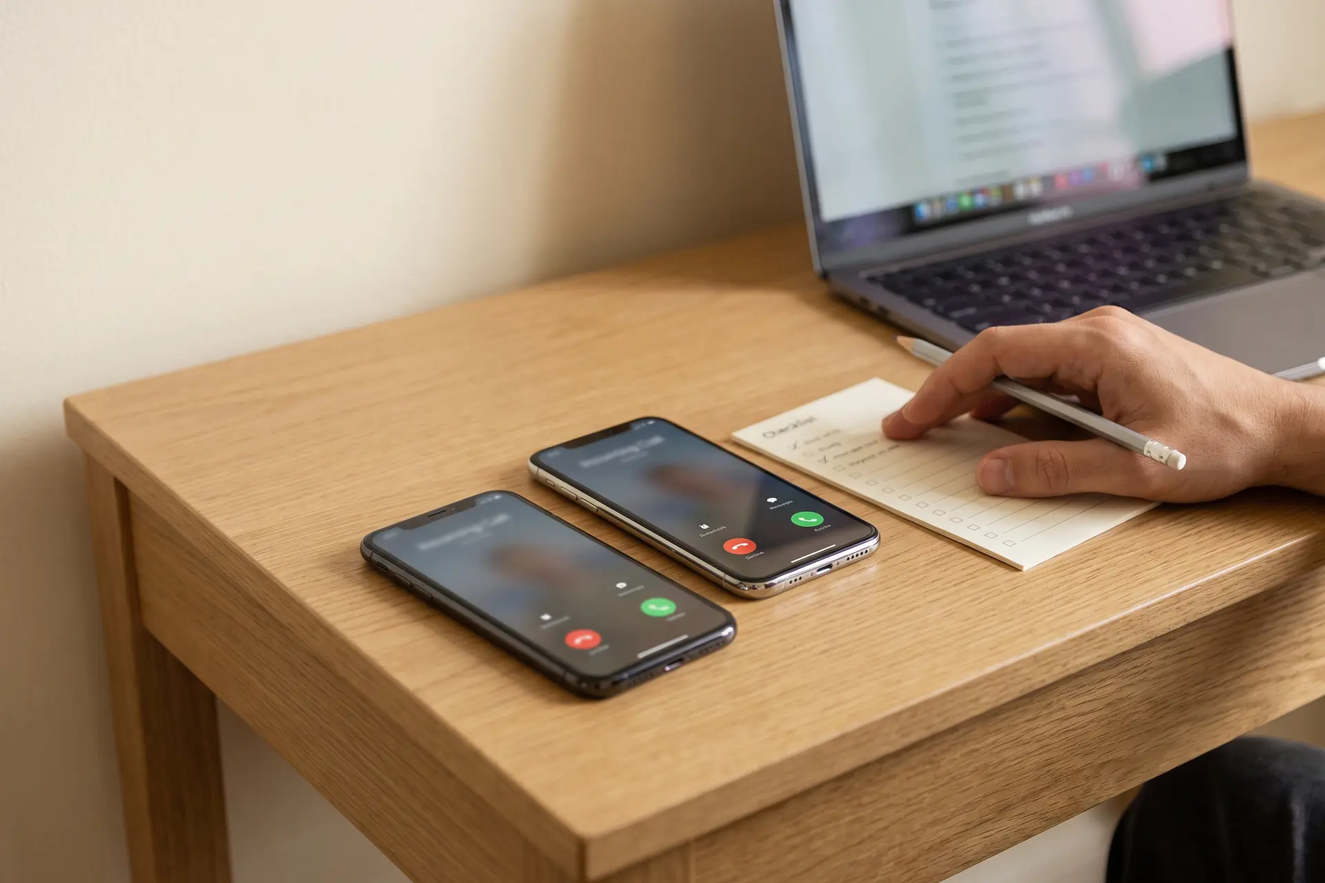 Two test phones side by side on a desk, both ringing with an incoming call, a hand ticking off a checklist