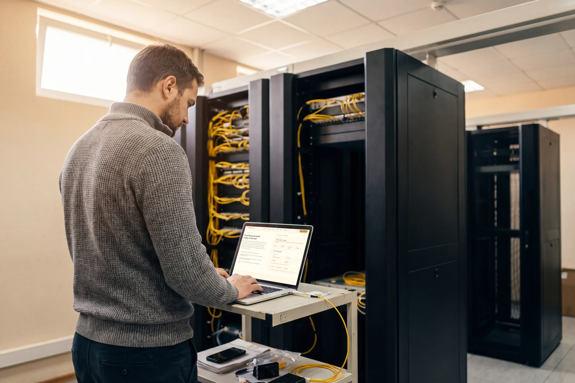 A network engineer at a laptop beside fibre-patched equipment racks, the PacketExchange connection card for a route open on screen