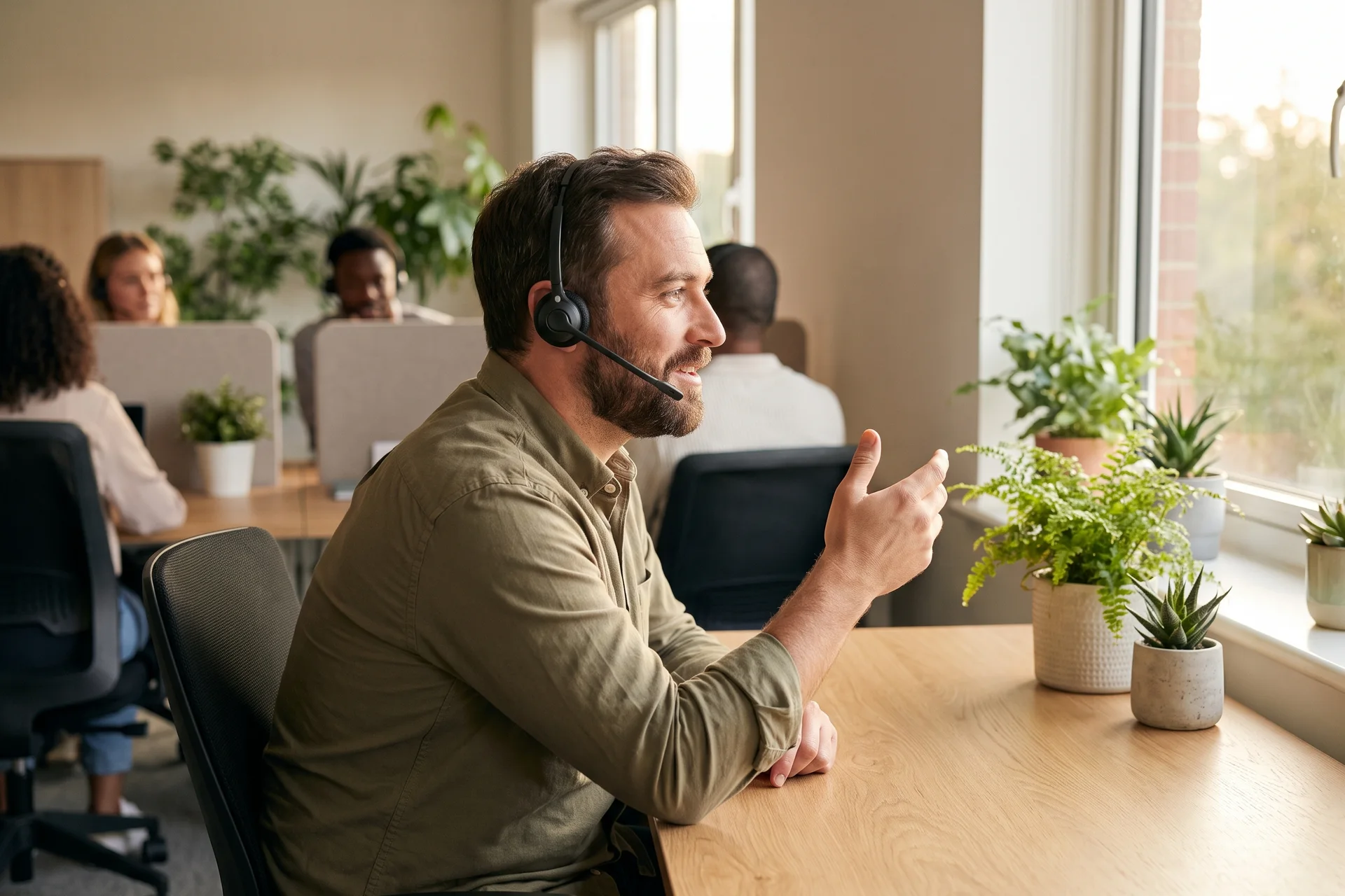 An outbound team lead in a headset at his desk in a bright open-plan office, teammates in headsets behind him