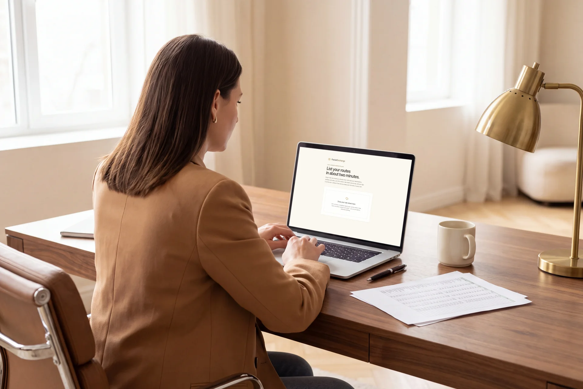A carrier sales manager at her desk beside a printed rate sheet, listing routes on the PacketExchange list-a-route page