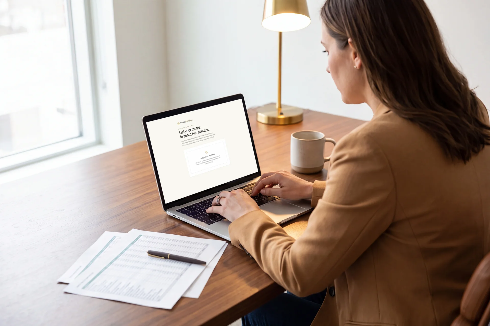 A carrier sales manager at her desk beside a printed rate sheet, listing routes on the PacketExchange list-a-route page