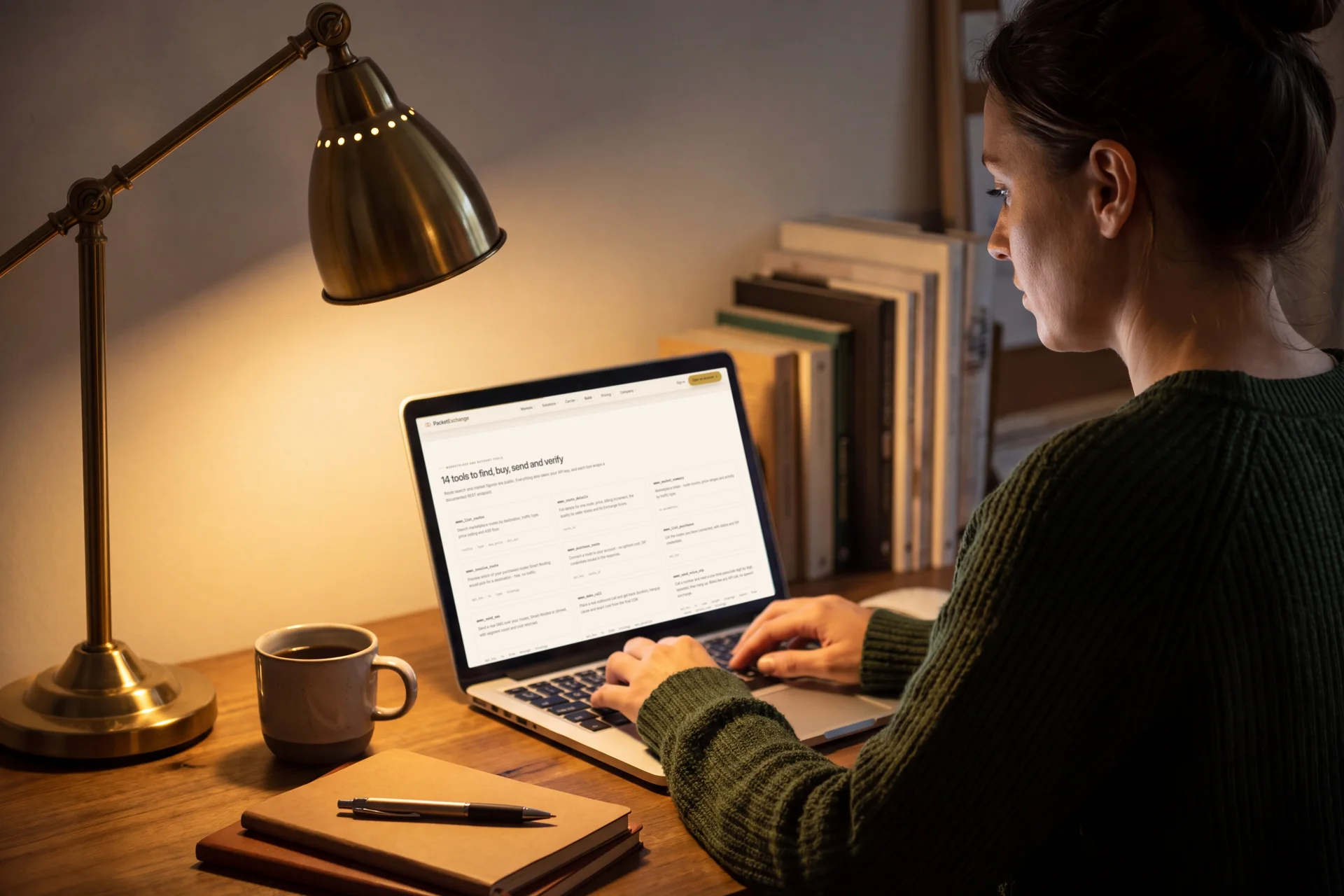 A developer at a lamp-lit desk building an agent, her laptop open at the PacketExchange MCP page