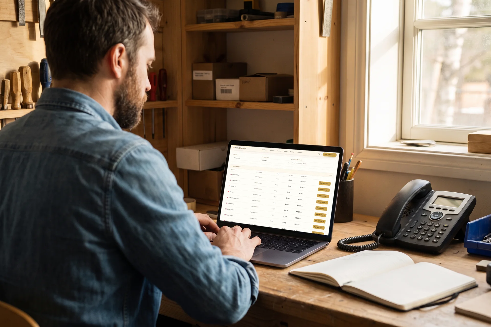 A small business owner at his workshop desk, the PacketExchange number search open on his laptop listing available local numbers with setup and monthly prices